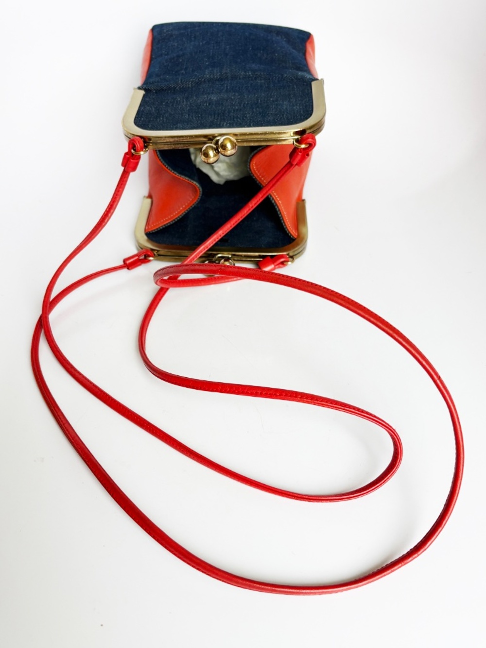 1970s Bonnie Cashin for Coach Red Leather Denim Double Entry Swinger Bag Rare - Picture 16 of 17